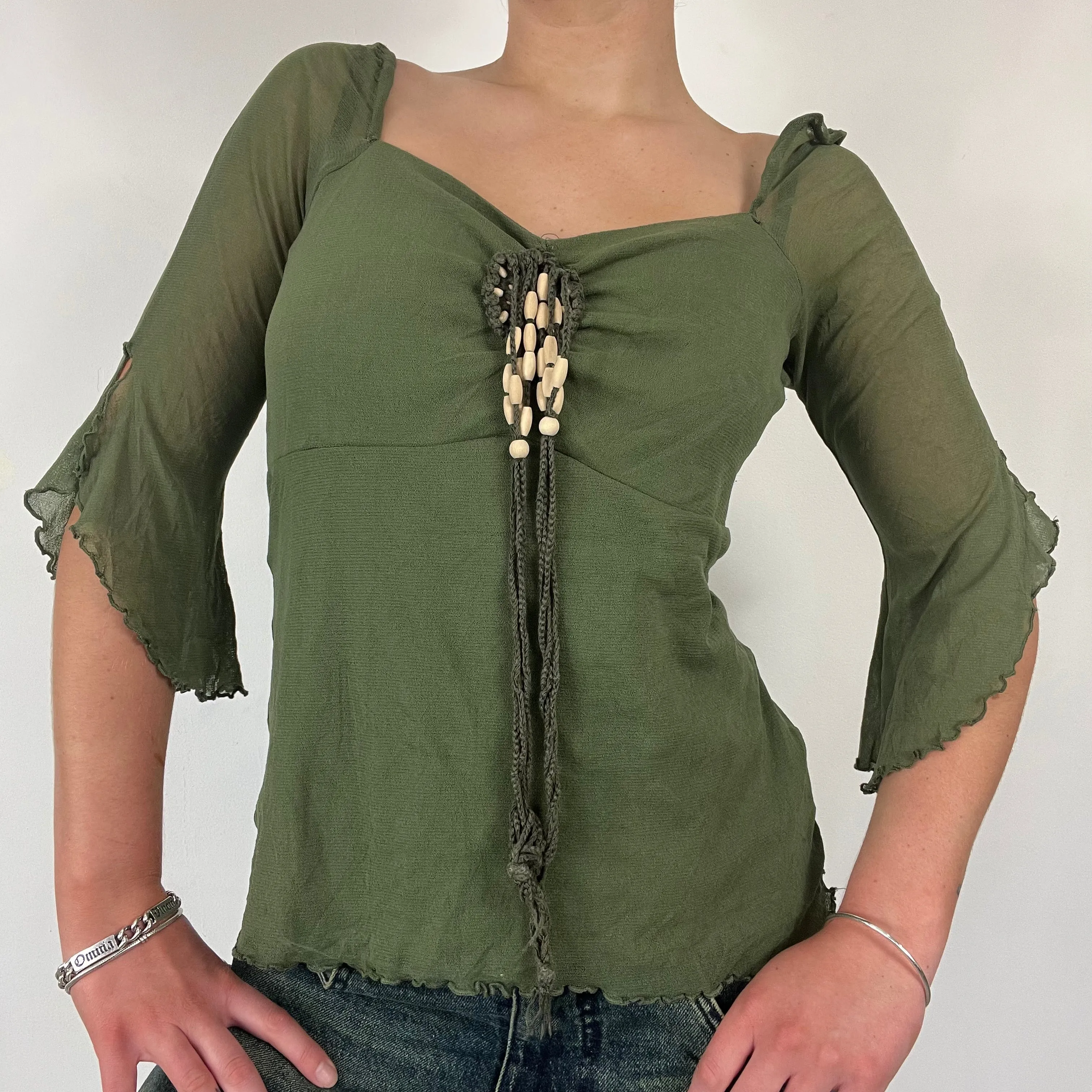 90s flared mesh boho top lace - Size S/M