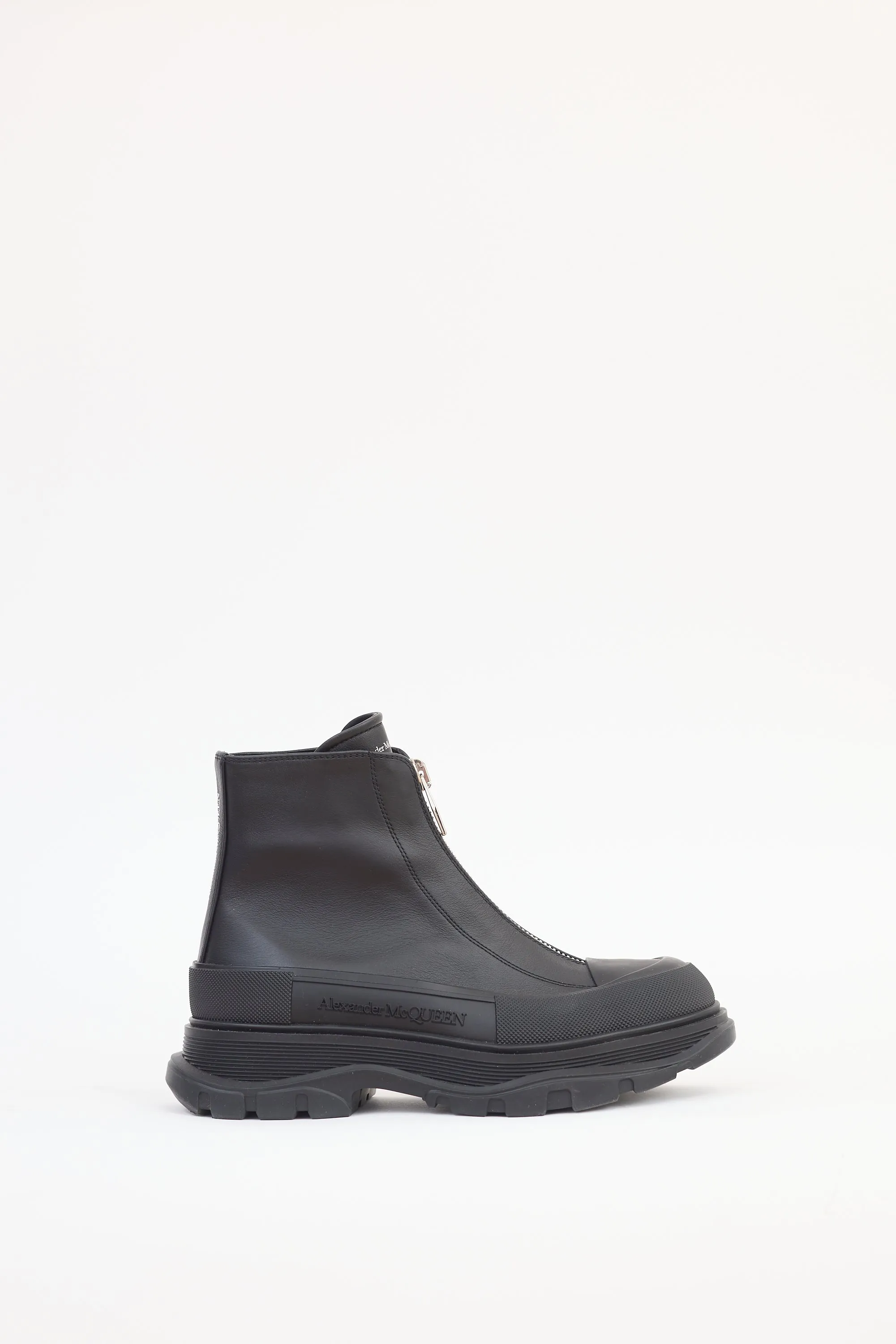 Black Leather Tread Slick Chunky Boot