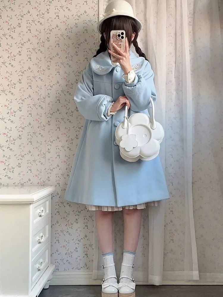 Blue Delicate Floral Round Flat Collar Woolen Coat