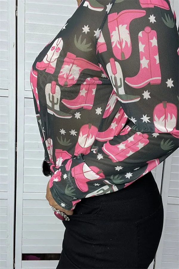 BQ13778 Boot graphic multi color printed mesh gauze tighten long sleeve women tops