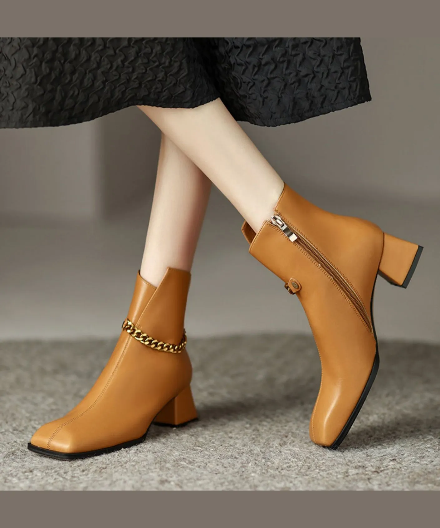 Caramel Boots Classy Splicing Chain Linked Chunky Cowhide Leather ML1661
