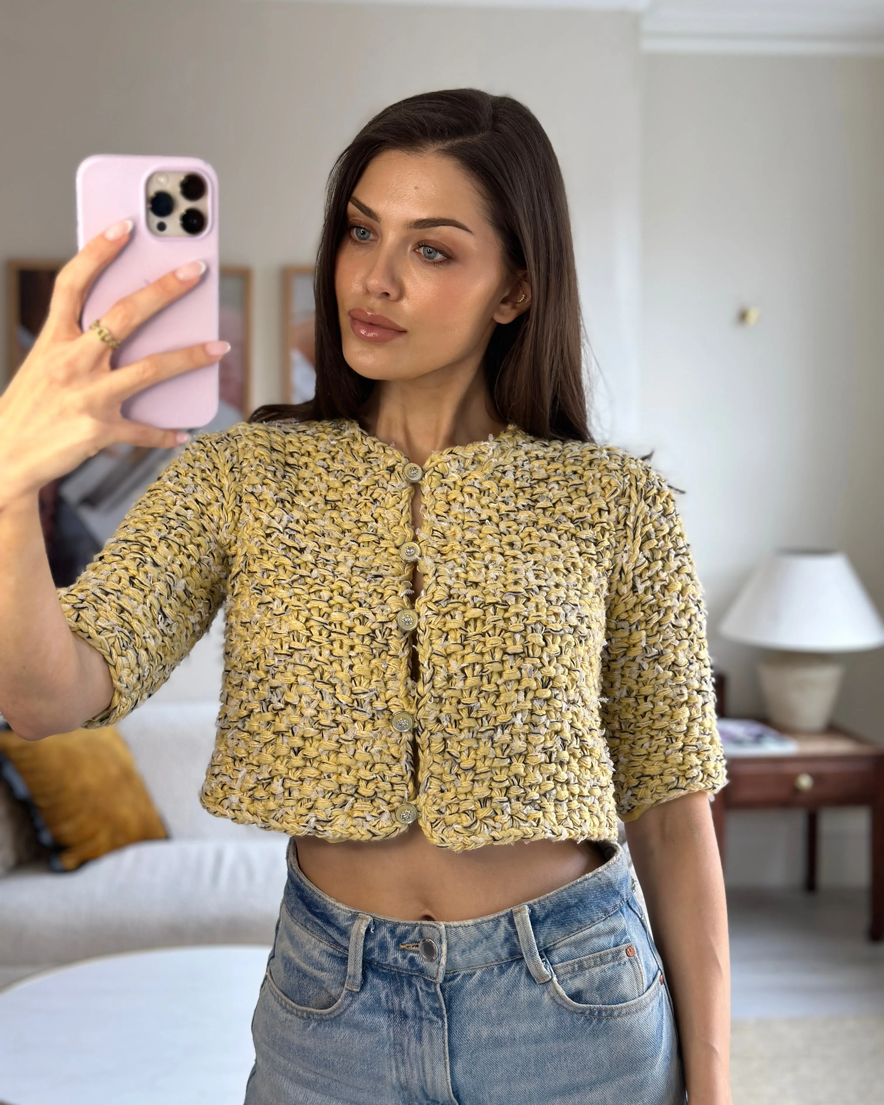 Chanel 22P Yellow, Black and Grey Tweed Cropped Jacket with Lion Buttons Detail FR 36 (UK 8) RRP £4,150