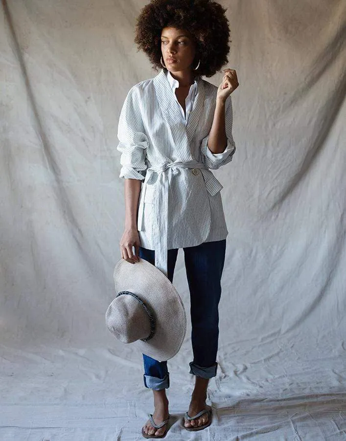 Cotton Linen Pinstripe Wrap Jacket