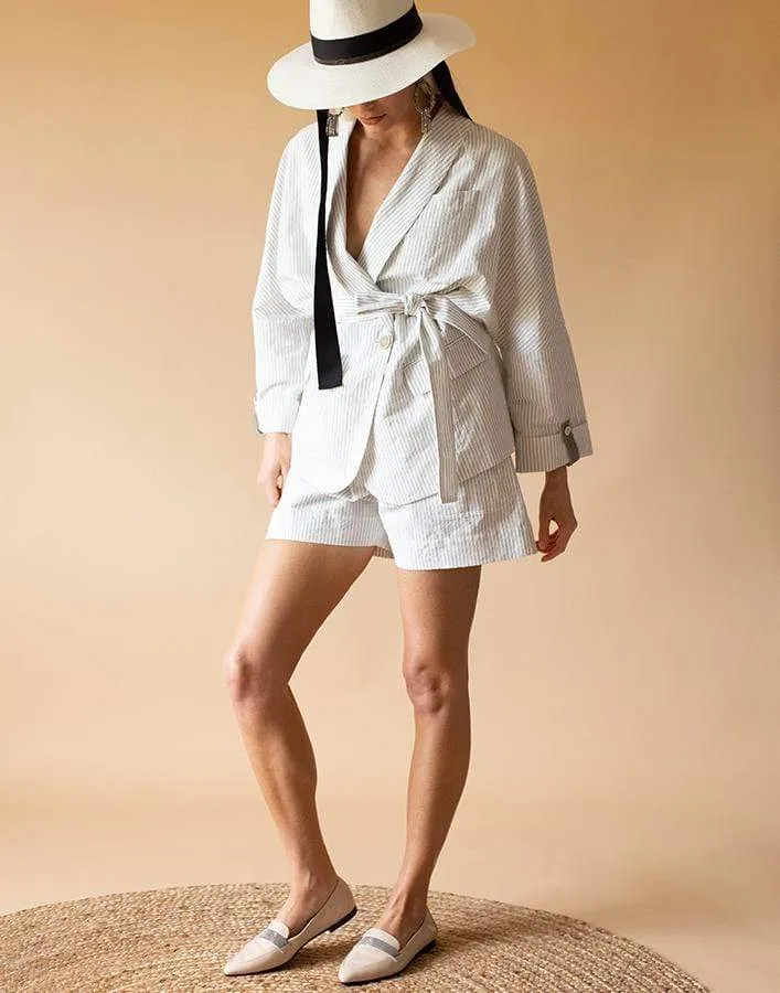Cotton Linen Pinstripe Wrap Jacket