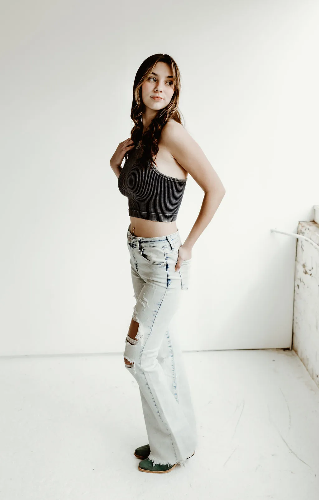 Dani Morgans Exclusive Risen Acid Wash  Tummy Control High Rise Distressed Flare Jeans