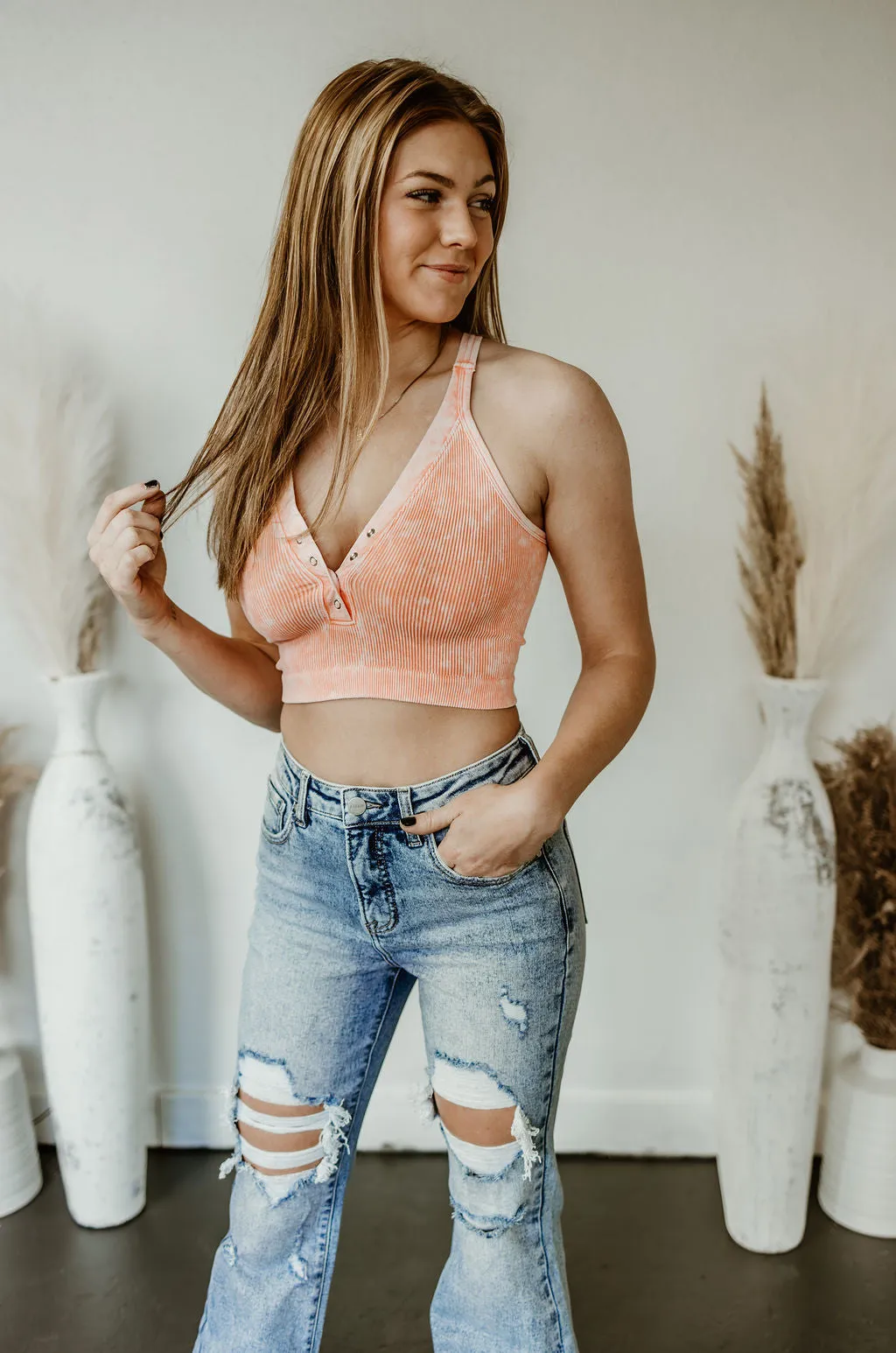 Dani Morgans Exclusive Risen Acid Wash  Tummy Control High Rise Distressed Flare Jeans