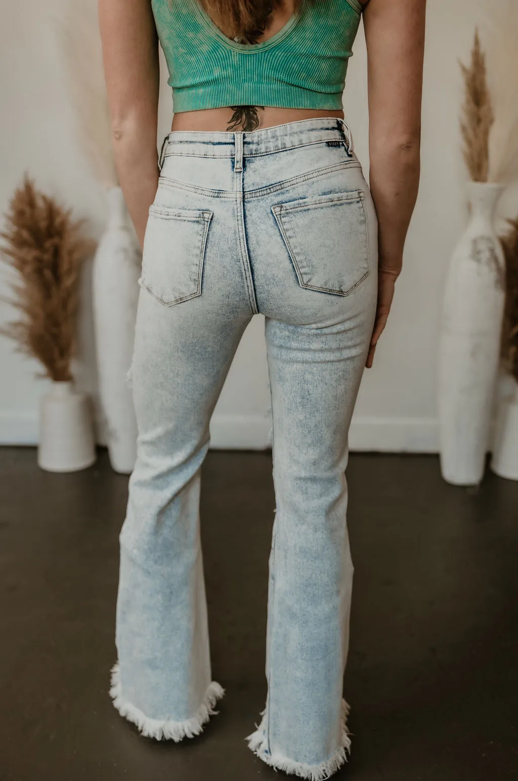 Dani Morgans Exclusive Risen Acid Wash  Tummy Control High Rise Distressed Flare Jeans