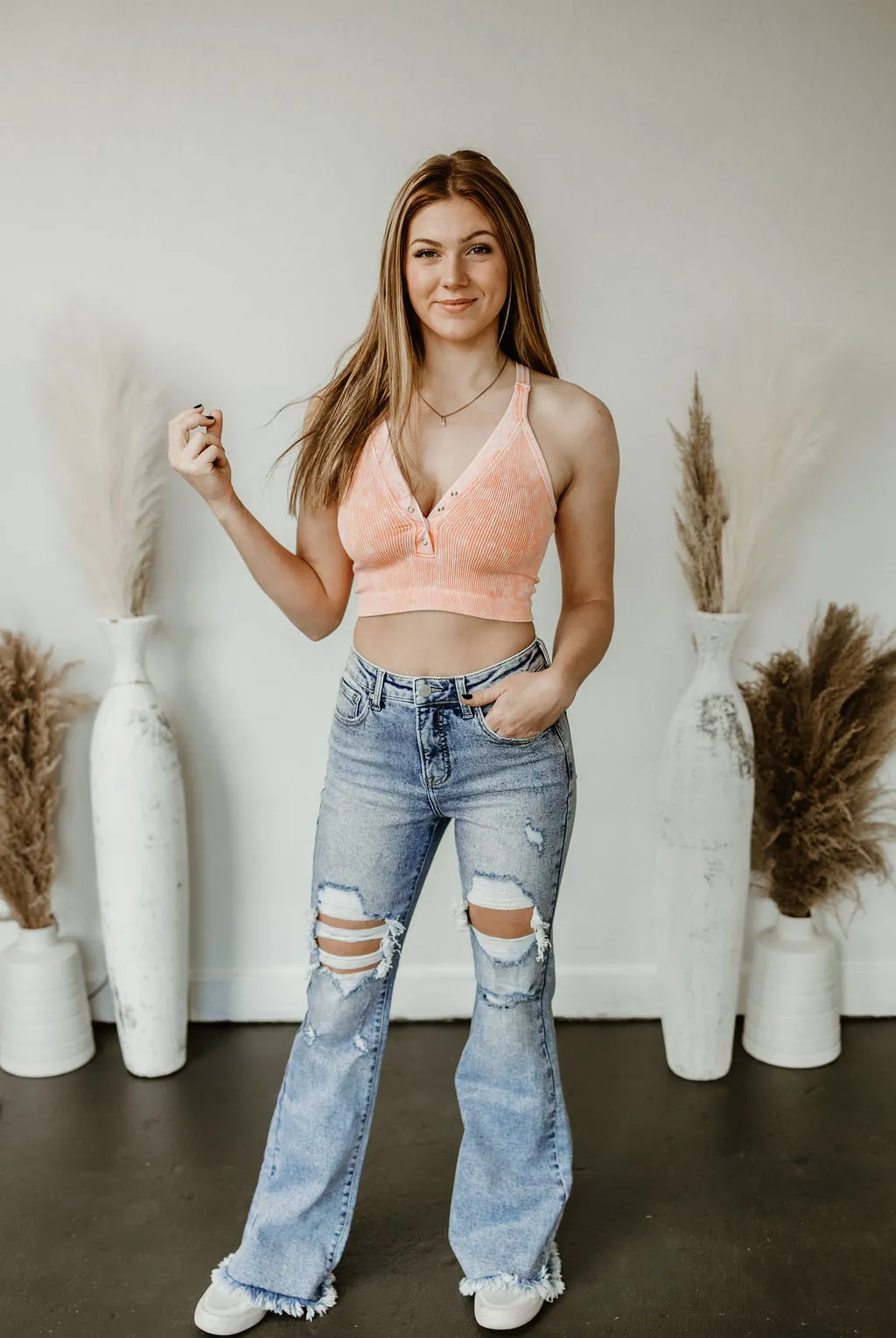 Dani Morgans Exclusive Risen Acid Wash  Tummy Control High Rise Distressed Flare Jeans