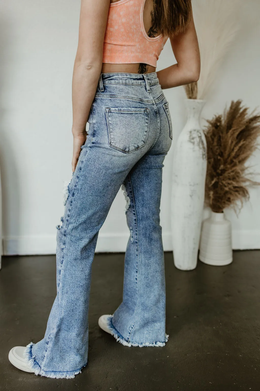 Dani Morgans Exclusive Risen Acid Wash  Tummy Control High Rise Distressed Flare Jeans