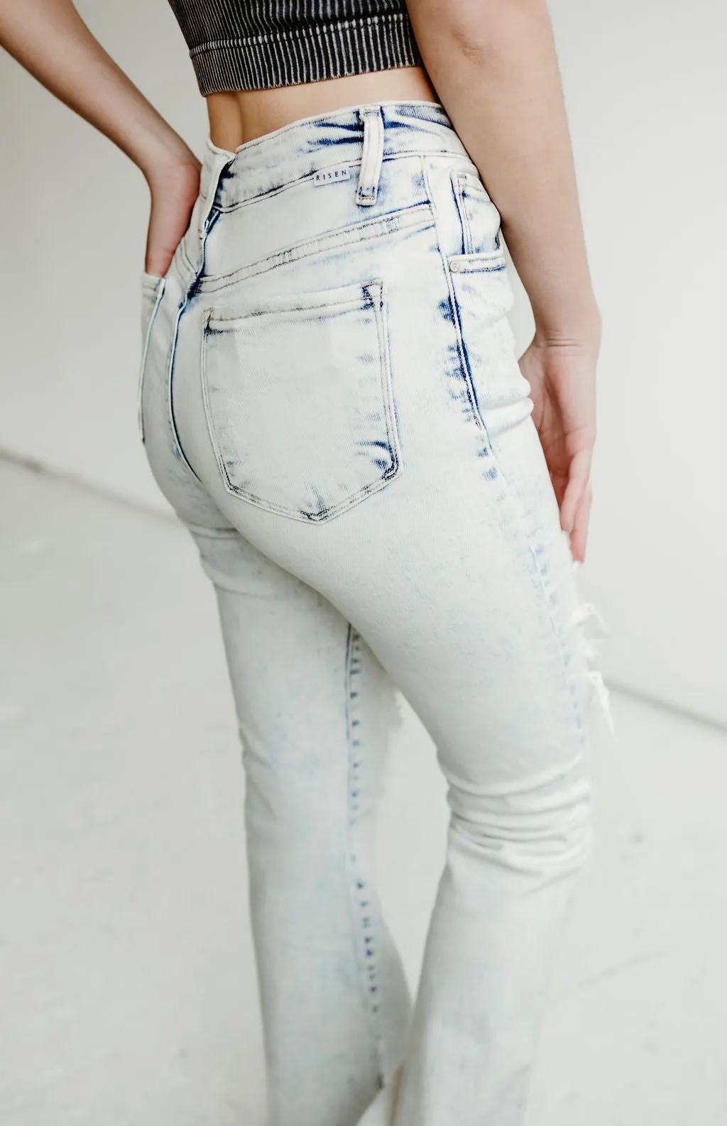 Dani Morgans Exclusive Risen Acid Wash  Tummy Control High Rise Distressed Flare Jeans