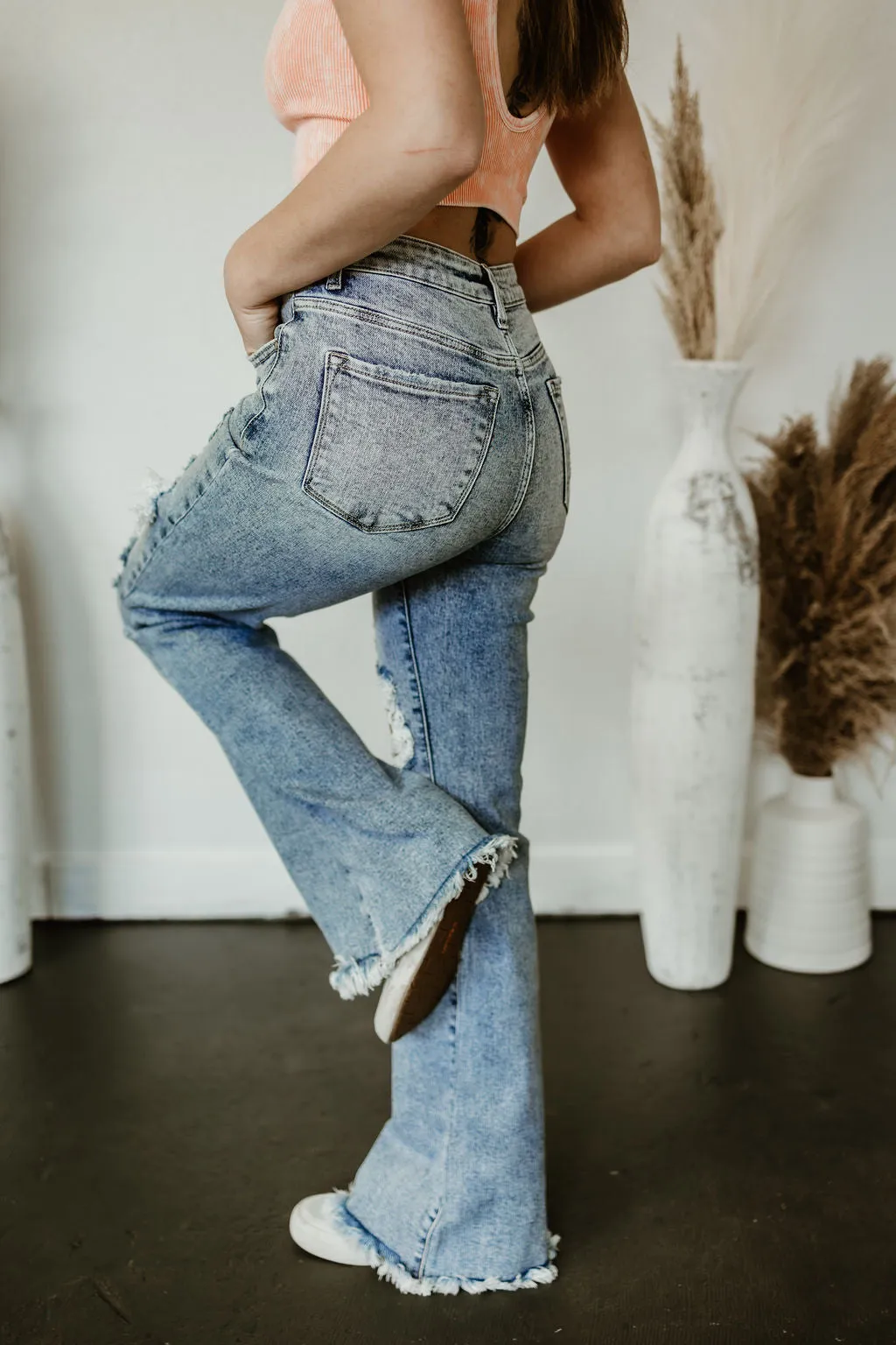 Dani Morgans Exclusive Risen Acid Wash  Tummy Control High Rise Distressed Flare Jeans