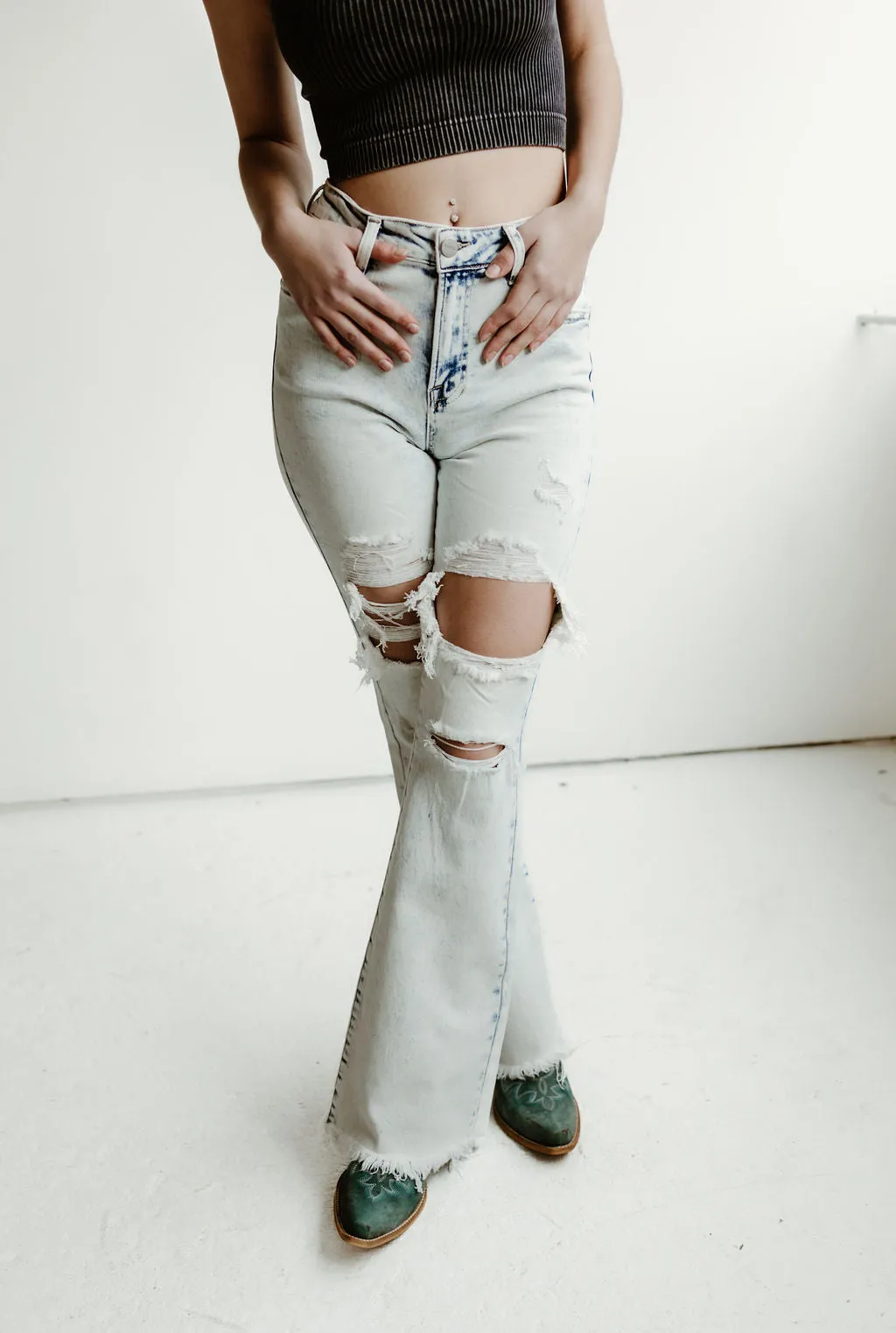 Dani Morgans Exclusive Risen Acid Wash  Tummy Control High Rise Distressed Flare Jeans