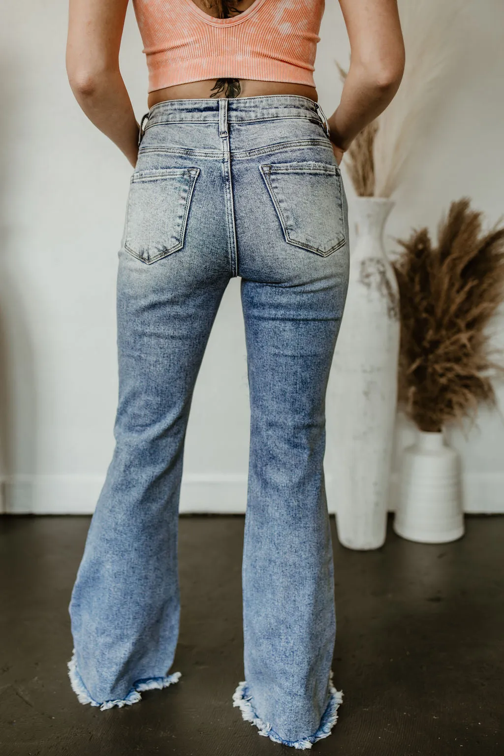 Dani Morgans Exclusive Risen Acid Wash  Tummy Control High Rise Distressed Flare Jeans