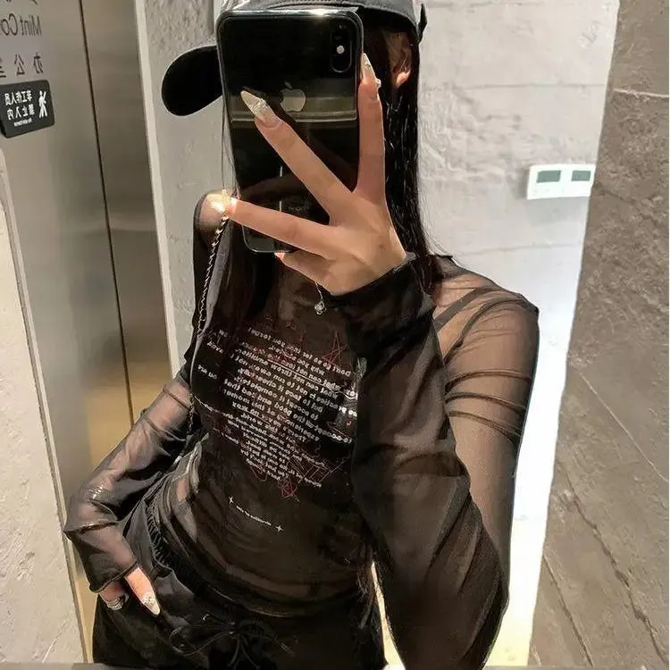 Durchsichtige Langarm Mesh-Tops im E-Girl Stil