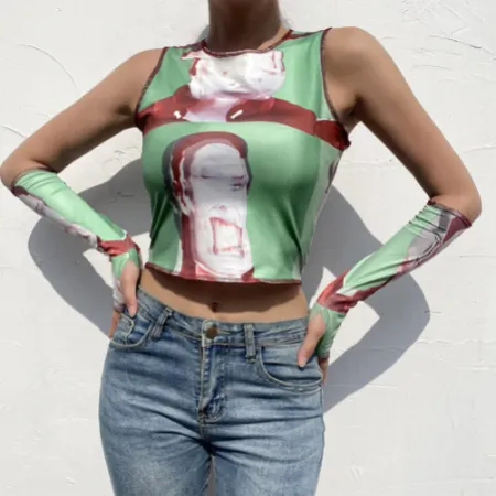 Egirl Mesh Top With Glove Sleeves