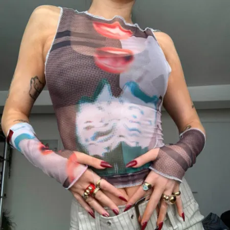 Egirl Mesh Top With Glove Sleeves