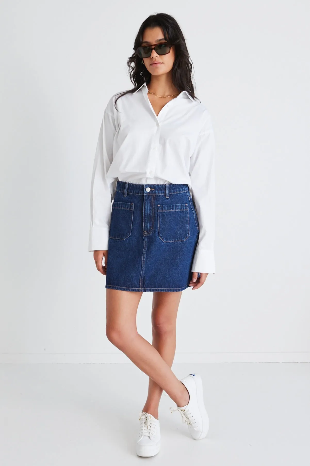 Glimpse Indigo Pocket Front Denim Mini Skirt