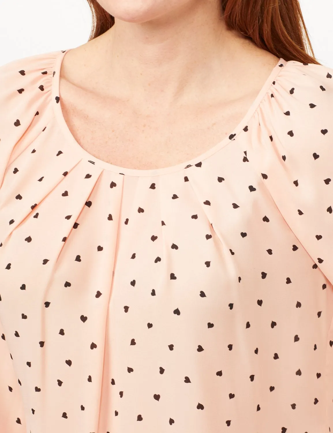 Heart Print Pleat Neck Blouse