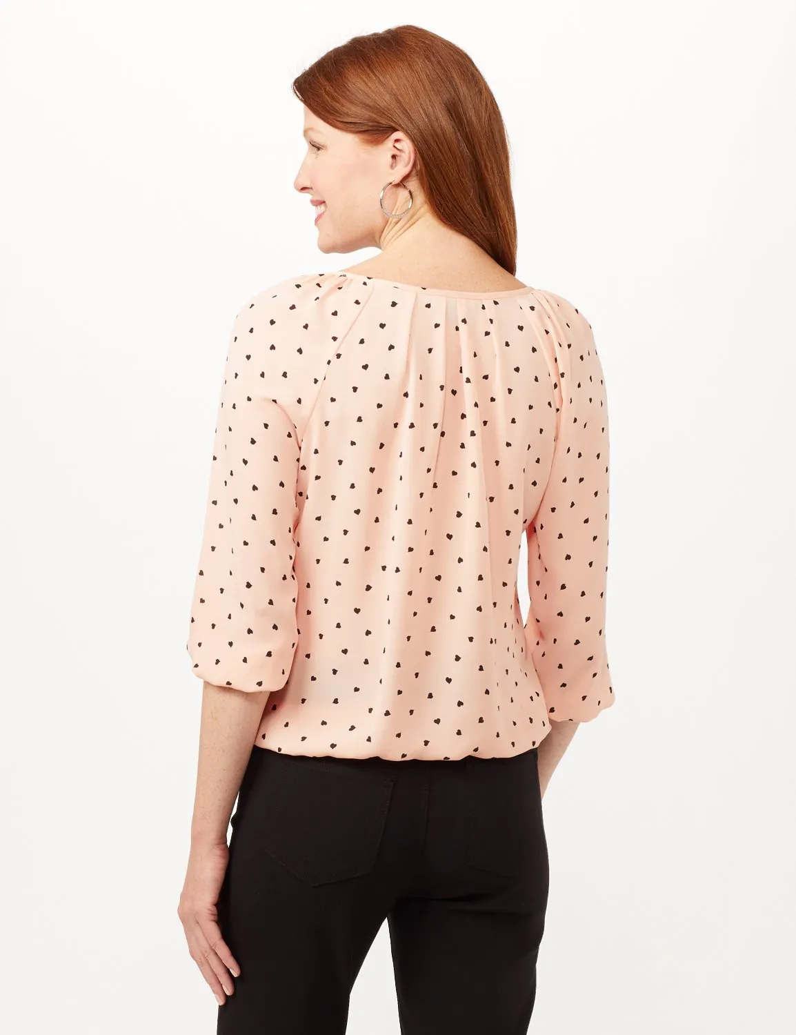 Heart Print Pleat Neck Blouse