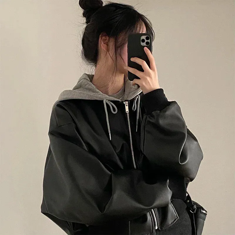 Hooded Loose Leather Jackets Women Fashion Faux Leather Coats Spring Autumn Jackets