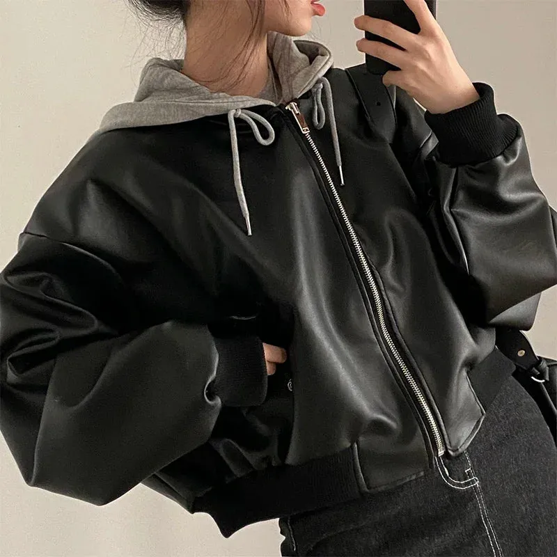 Hooded Loose Leather Jackets Women Fashion Faux Leather Coats Spring Autumn Jackets