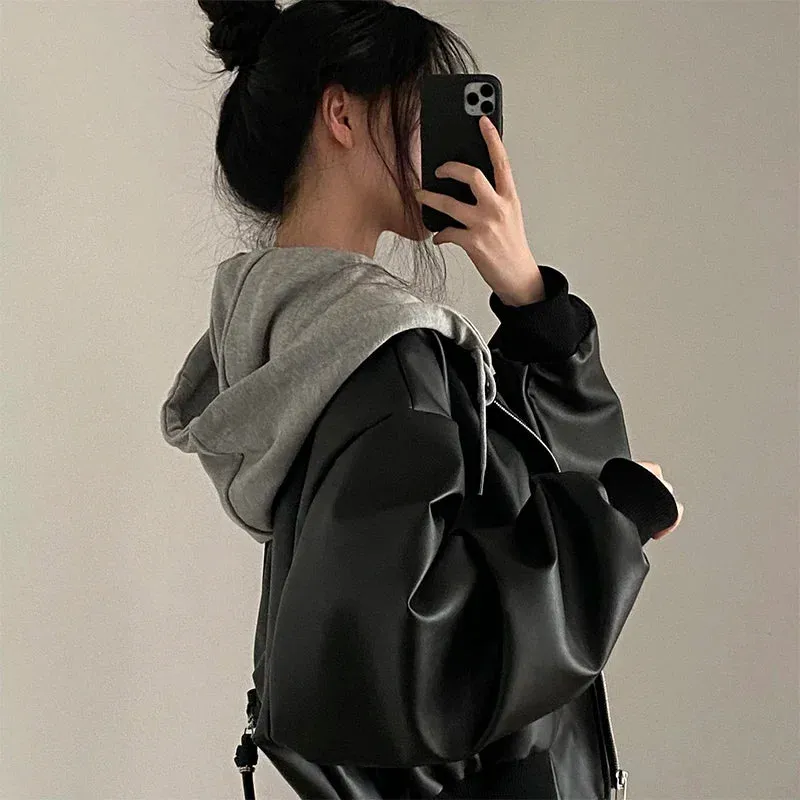 Hooded Loose Leather Jackets Women Fashion Faux Leather Coats Spring Autumn Jackets