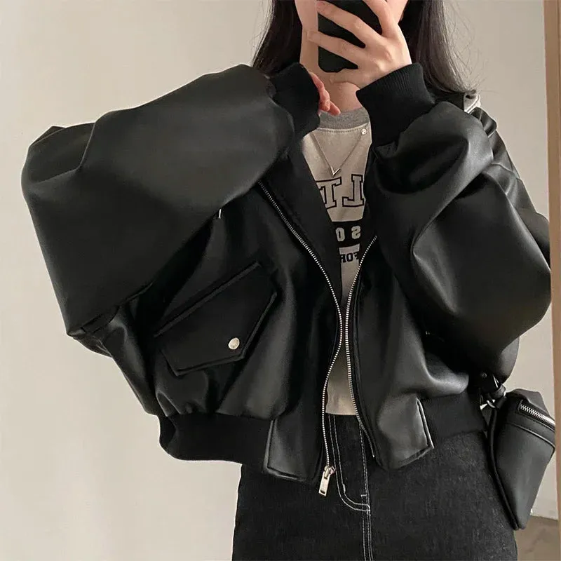 Hooded Loose Leather Jackets Women Fashion Faux Leather Coats Spring Autumn Jackets