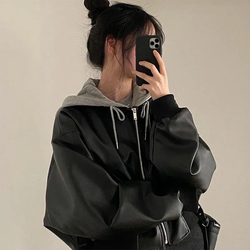 Hooded Loose Leather Jackets Women Fashion Faux Leather Coats Spring Autumn Jackets