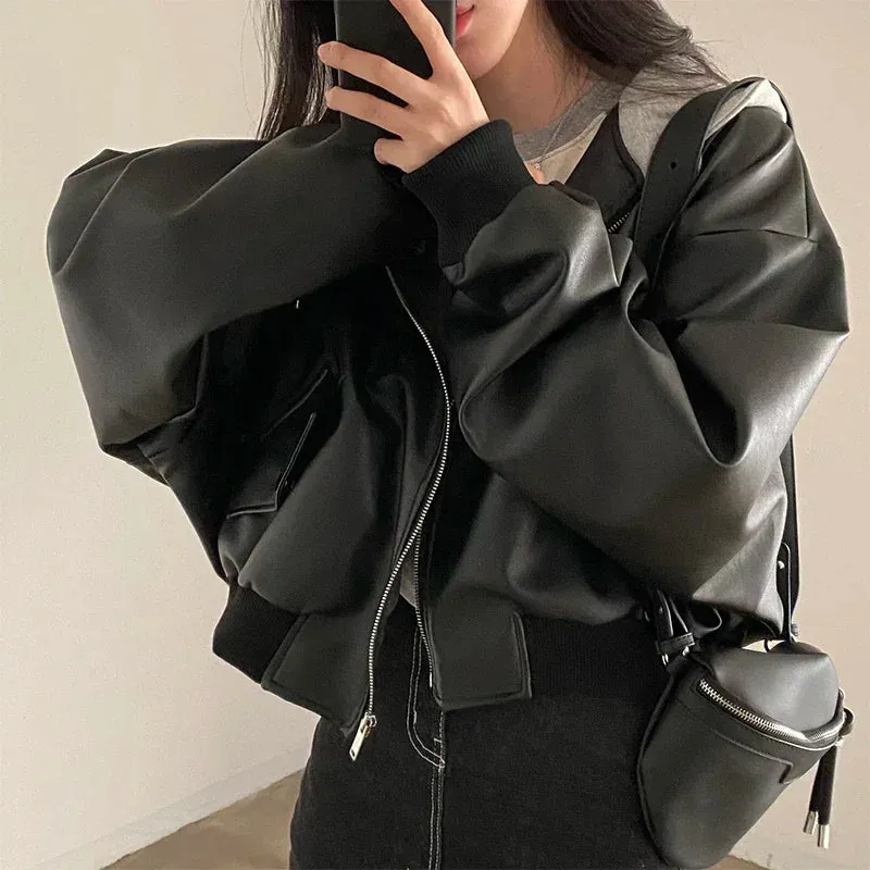 Hooded Loose Leather Jackets Women Fashion Faux Leather Coats Spring Autumn Jackets