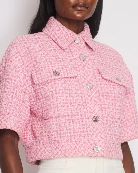 *HOT* Chanel 2023 Cropped Pink Short Sleeve Tweed Jacket with Silver CC Buttons Size FR 36 (UK 8)