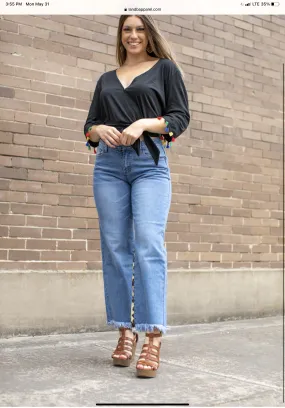 L&B Stone Wash Cropped Distressed Hem Jeans with Leopard Inset