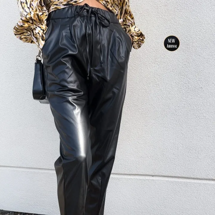 Levain Pocketed High Rise Faux Leather Pants in Black