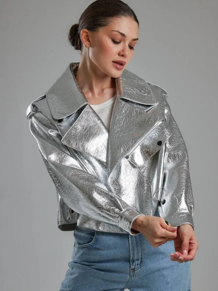 Luxe Silver Faux Leather Moto Jacket Women Winter Chic Streetwear
