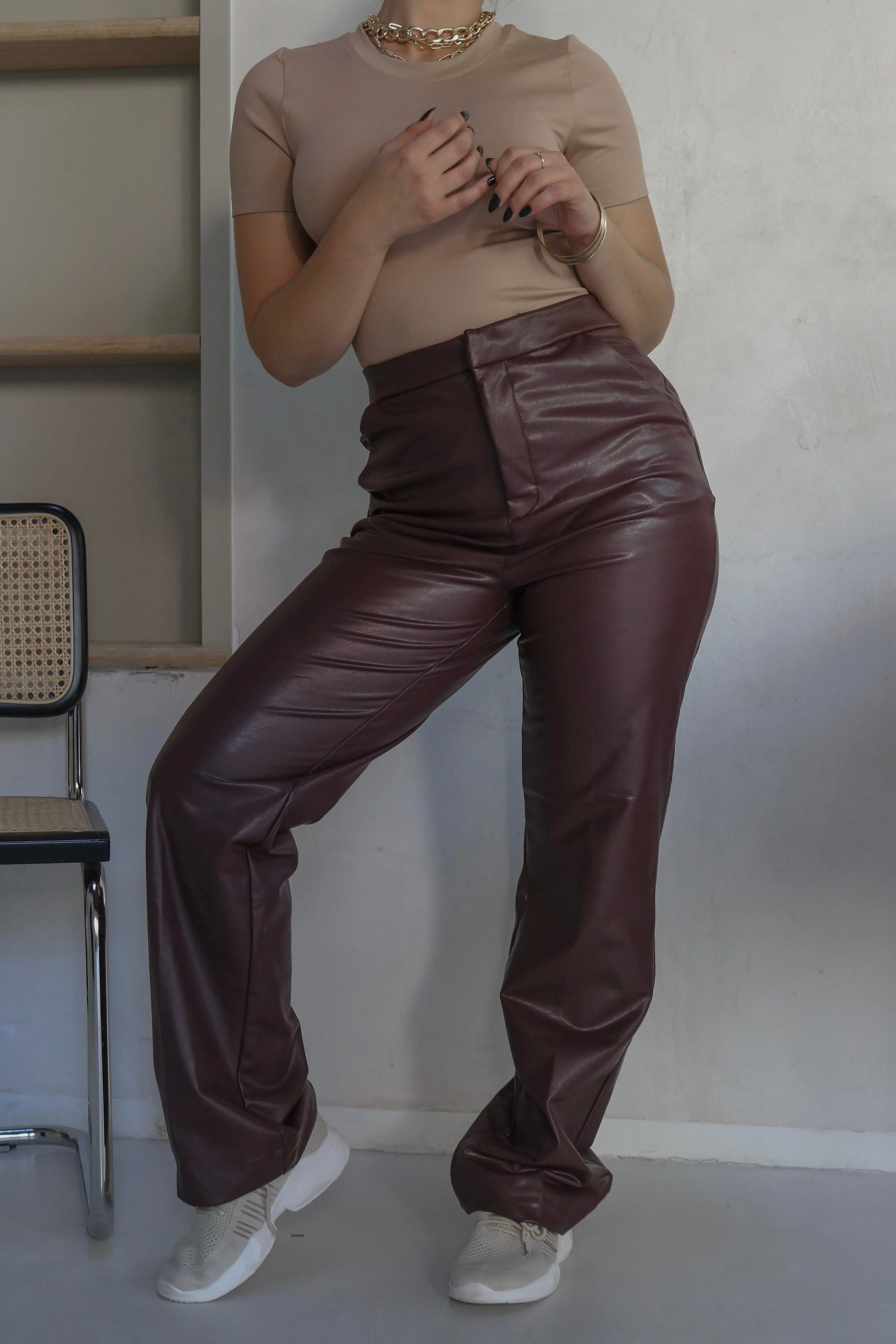 'Newark' Faux Leather Pants in Chocolate Brown