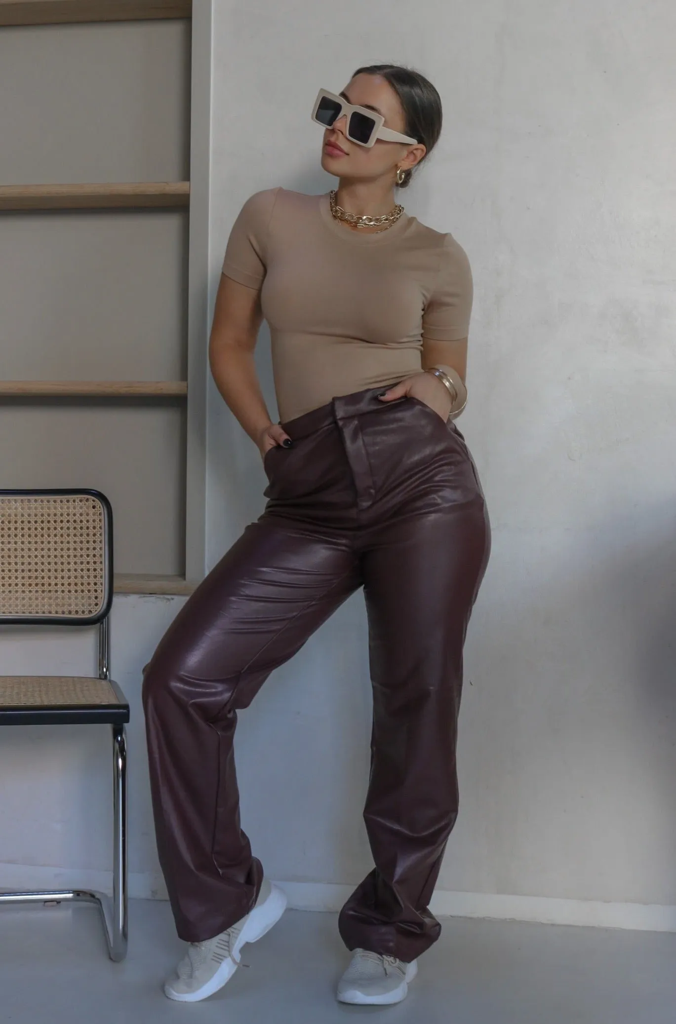'Newark' Faux Leather Pants in Chocolate Brown