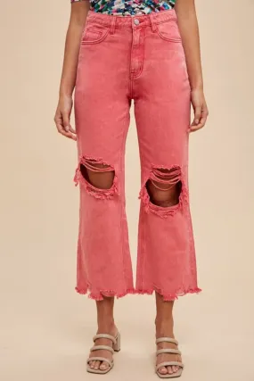 Pink Distressed Raw Hem Wide-Leg Jeans