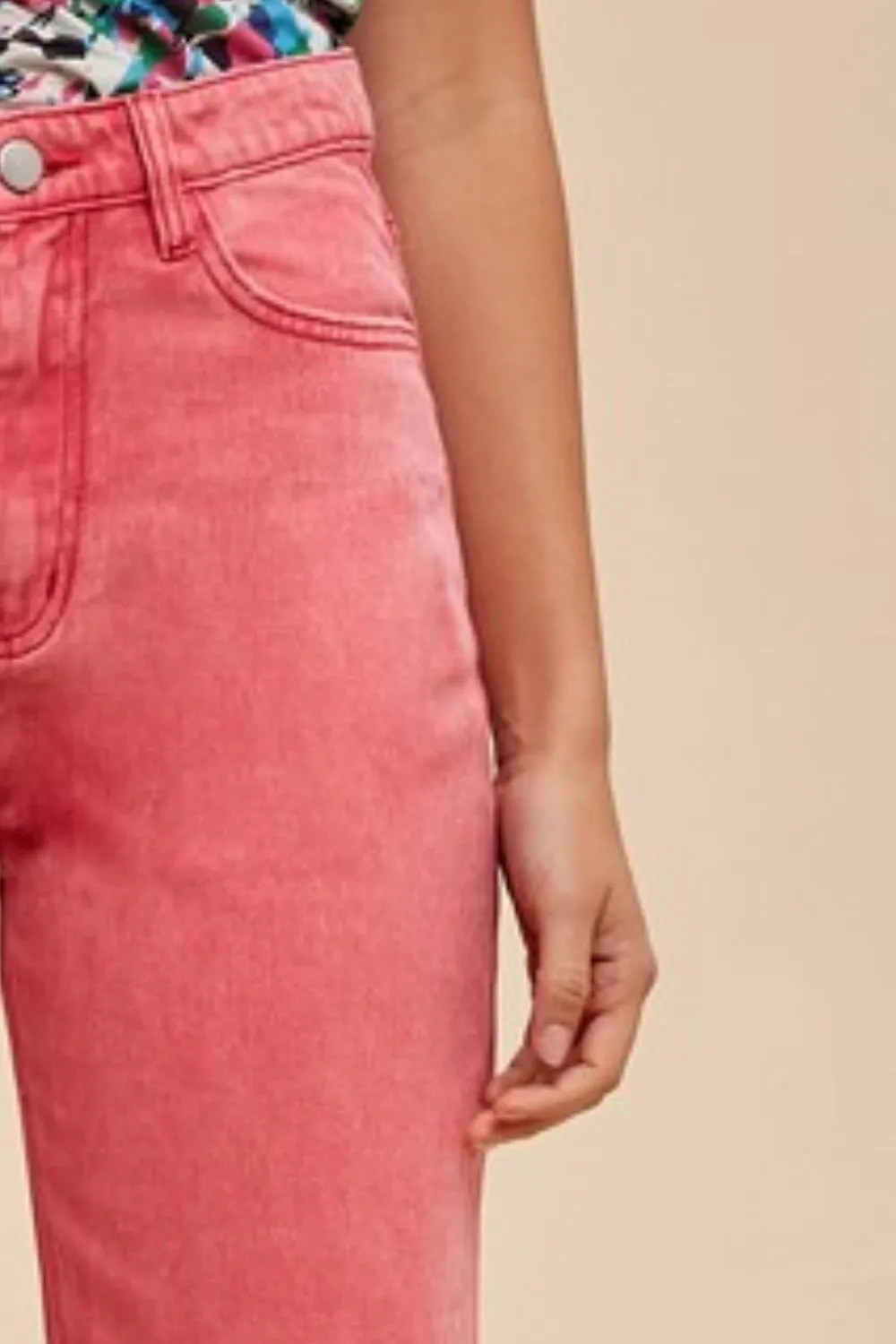 Pink Distressed Raw Hem Wide-Leg Jeans