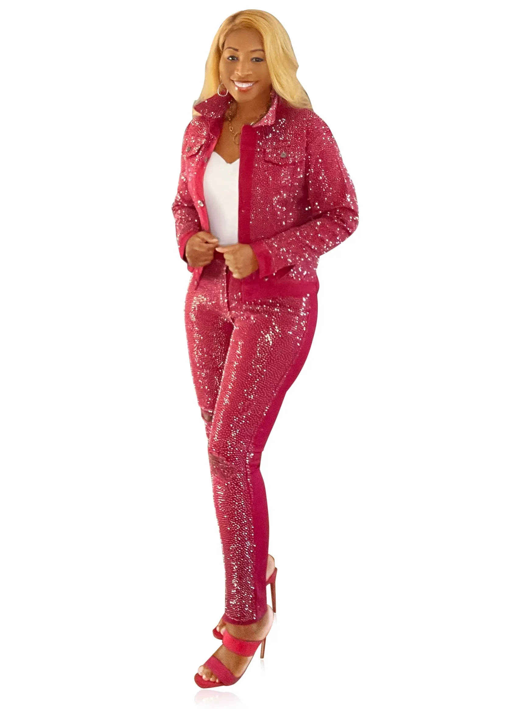SheBling- Red Denim Jeans with Bling Accents