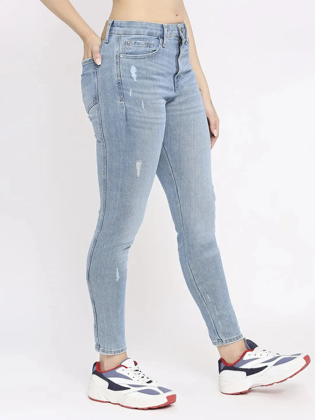 Spykar Women Light Blue Lycra Skinny Fit - Low Distressed Mid Rise Jeans-(Adora)