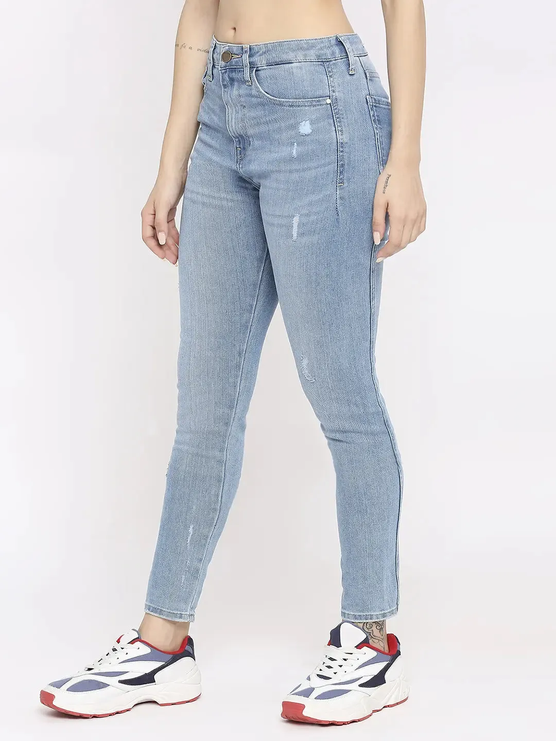 Spykar Women Light Blue Lycra Skinny Fit - Low Distressed Mid Rise Jeans-(Adora)