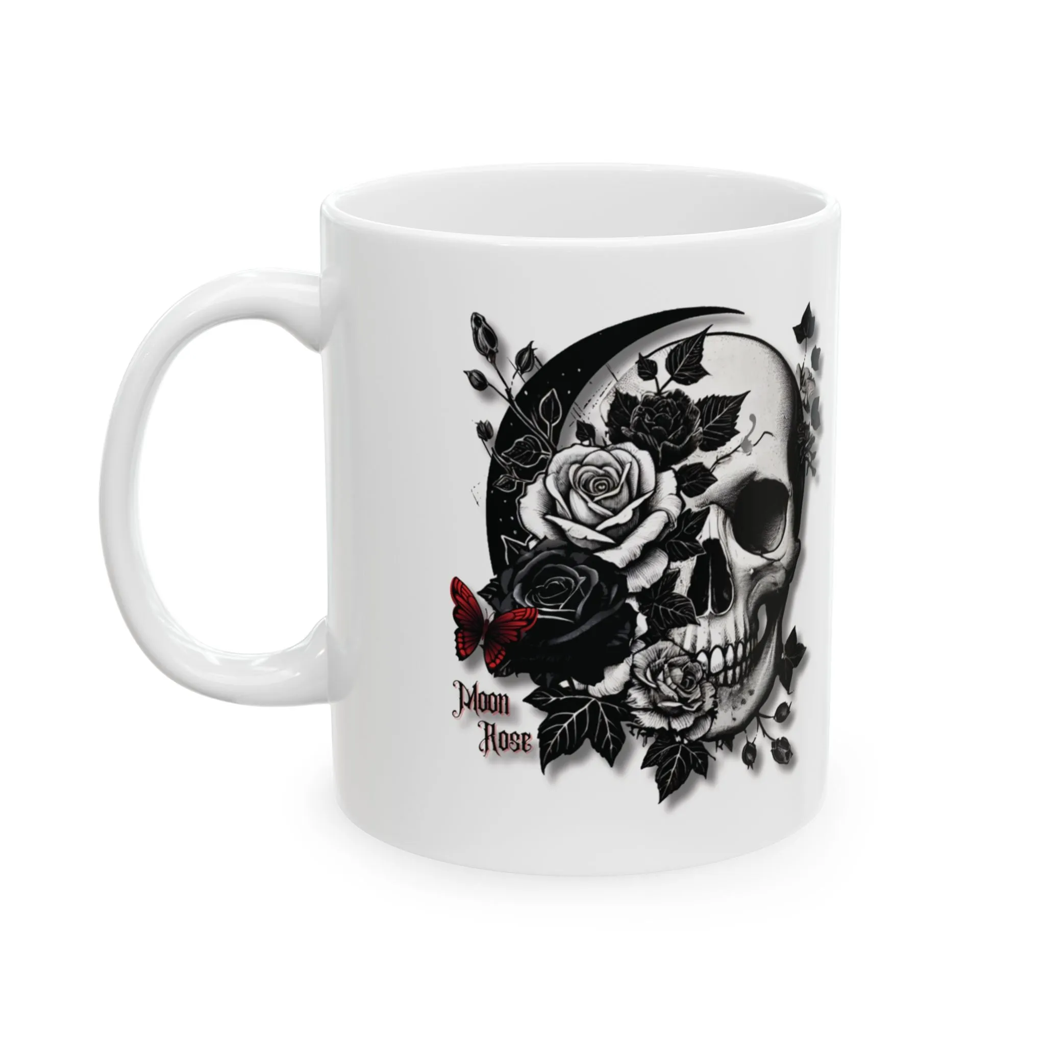 White Ceramic Mug 11oz - Gothic Skull & Rose Design - Aesthetic Coffee & Tea Cup - Unique Gothic Gift for Men & Women - Moon Rose Theme