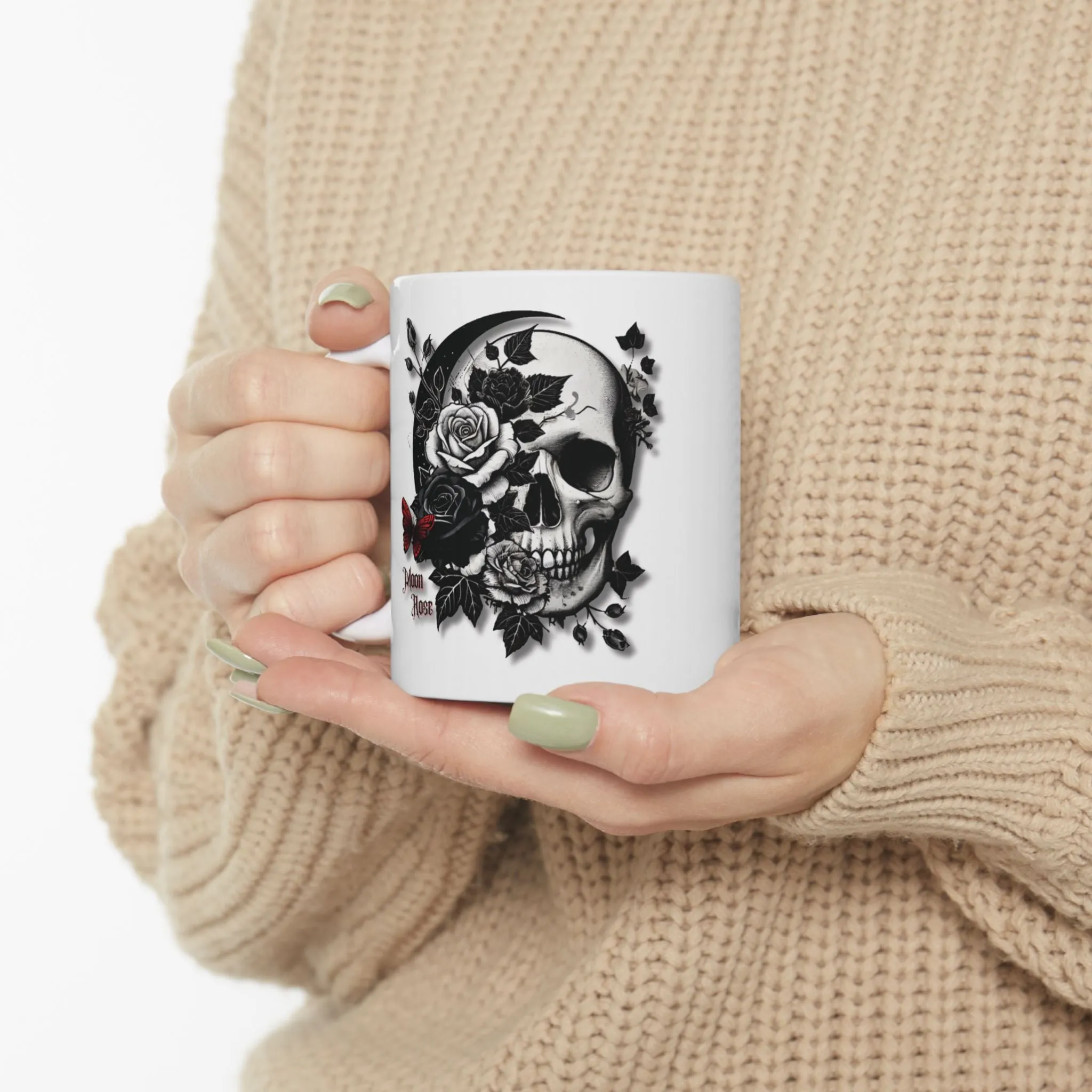 White Ceramic Mug 11oz - Gothic Skull & Rose Design - Aesthetic Coffee & Tea Cup - Unique Gothic Gift for Men & Women - Moon Rose Theme