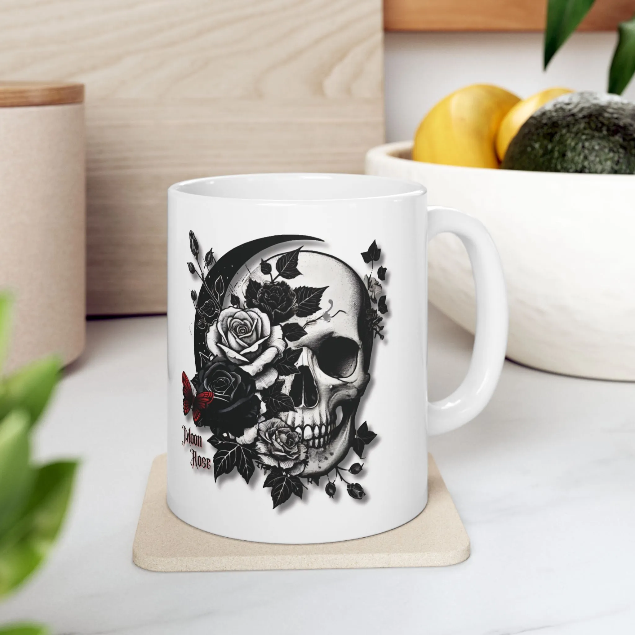 White Ceramic Mug 11oz - Gothic Skull & Rose Design - Aesthetic Coffee & Tea Cup - Unique Gothic Gift for Men & Women - Moon Rose Theme
