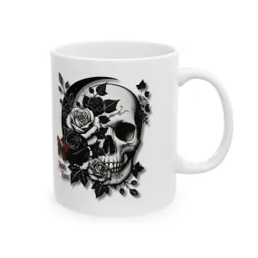 White Ceramic Mug 11oz - Gothic Skull & Rose Design - Aesthetic Coffee & Tea Cup - Unique Gothic Gift for Men & Women - Moon Rose Theme