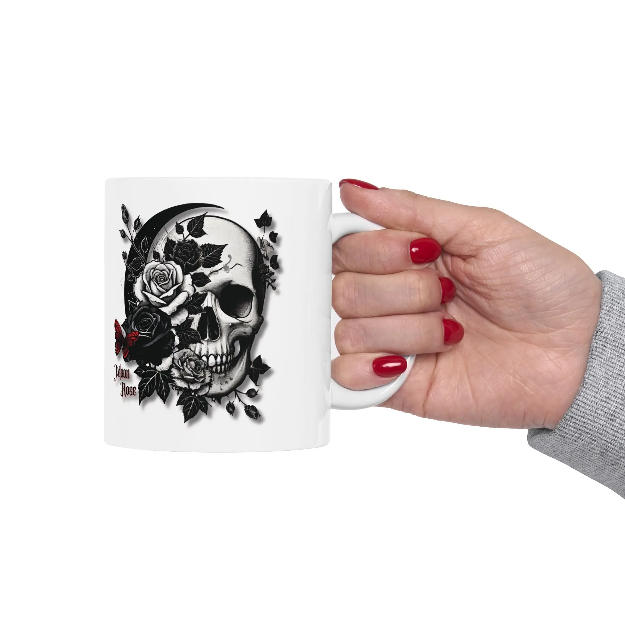 White Ceramic Mug 11oz - Gothic Skull & Rose Design - Aesthetic Coffee & Tea Cup - Unique Gothic Gift for Men & Women - Moon Rose Theme