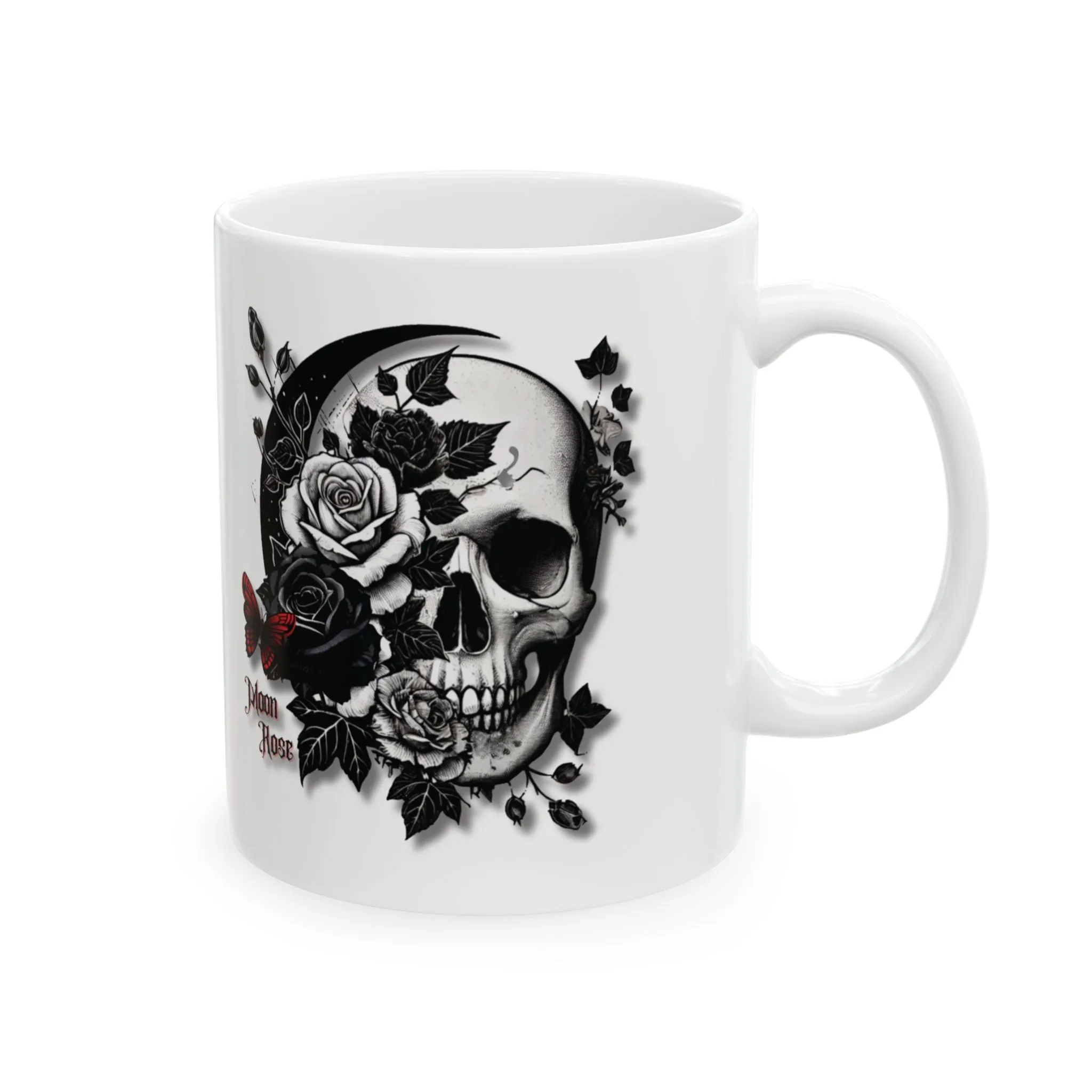White Ceramic Mug 11oz - Gothic Skull & Rose Design - Aesthetic Coffee & Tea Cup - Unique Gothic Gift for Men & Women - Moon Rose Theme