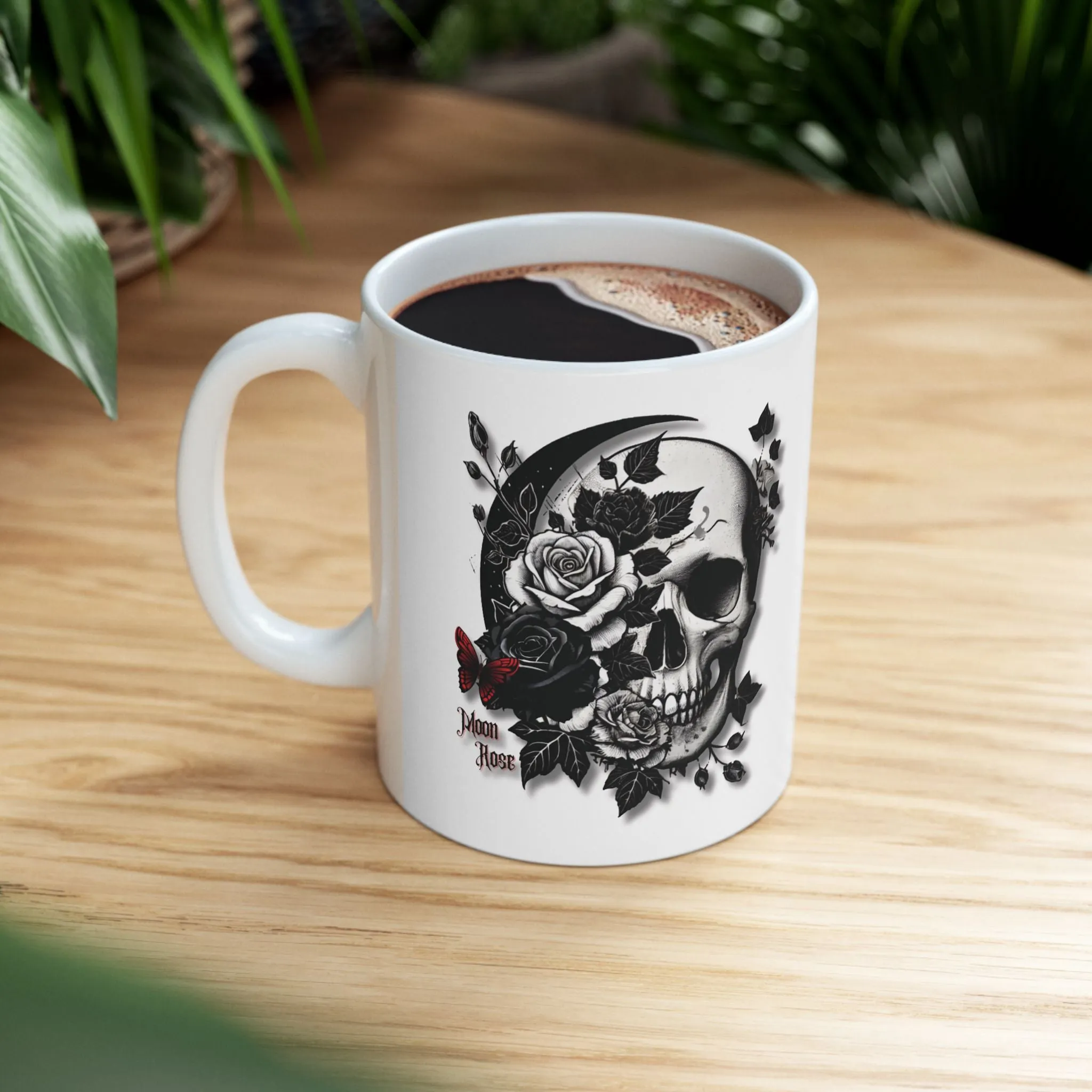 White Ceramic Mug 11oz - Gothic Skull & Rose Design - Aesthetic Coffee & Tea Cup - Unique Gothic Gift for Men & Women - Moon Rose Theme