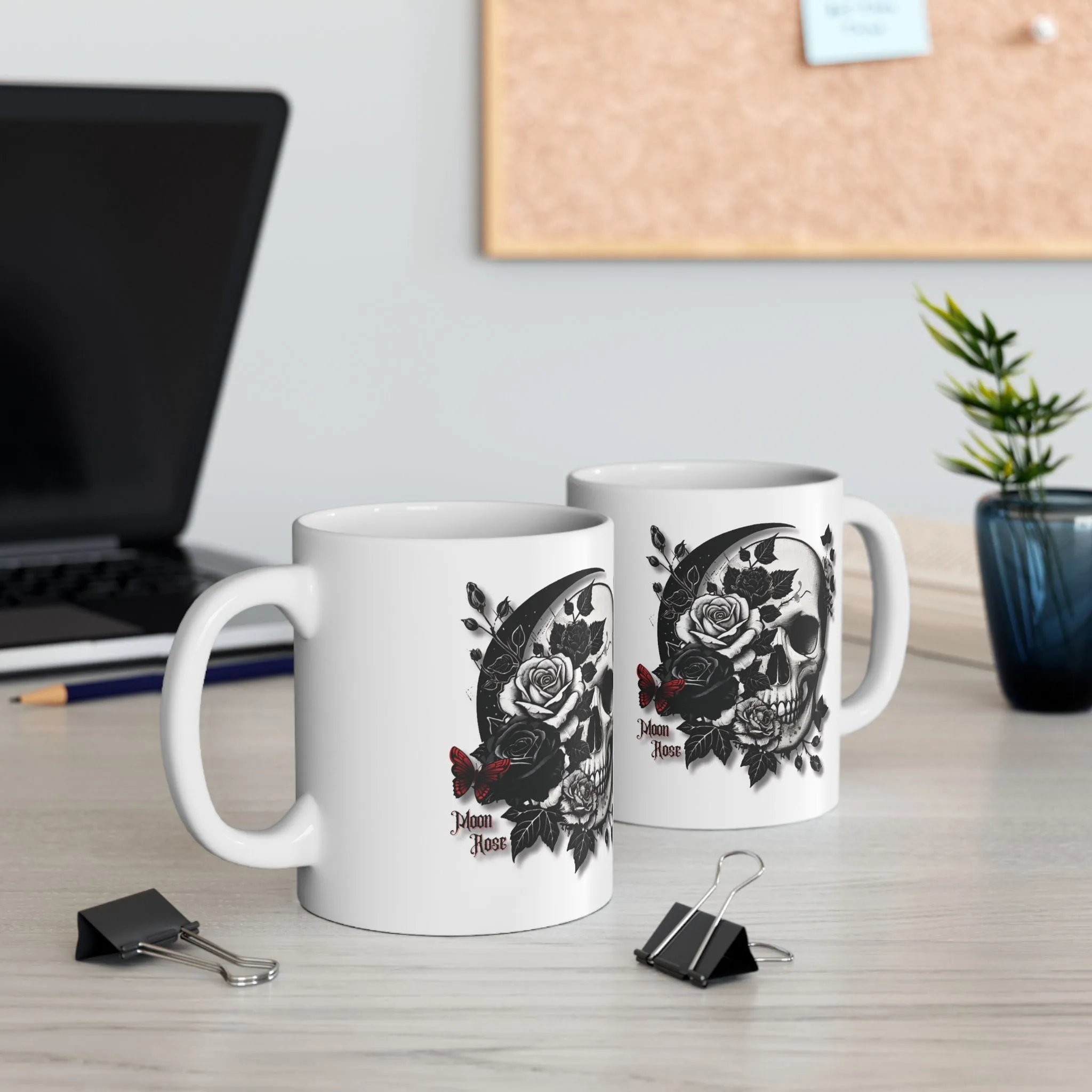 White Ceramic Mug 11oz - Gothic Skull & Rose Design - Aesthetic Coffee & Tea Cup - Unique Gothic Gift for Men & Women - Moon Rose Theme