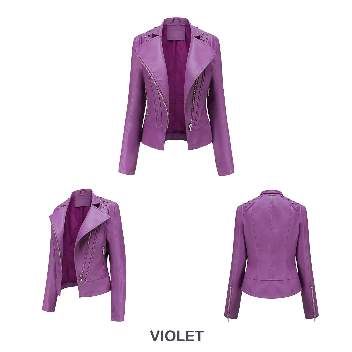 Women Faux Leather Thin  Turn Down Collar Full Casual Splice Short Jacket Slim Fit