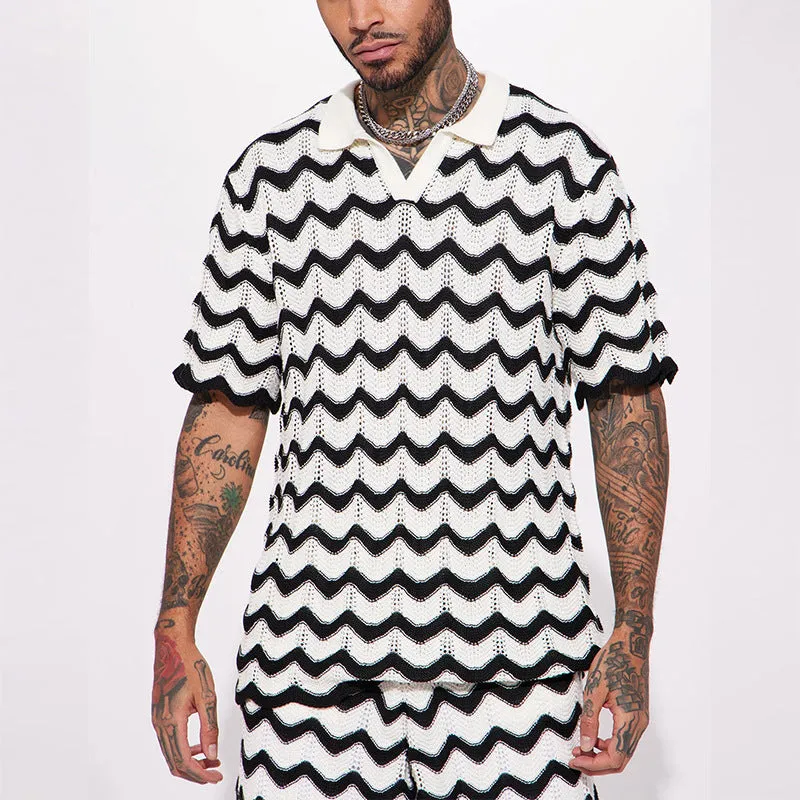 Woolen Short-sleeved Shirt Casual Shorts Wavy Wool Shirt Two-piece Suit